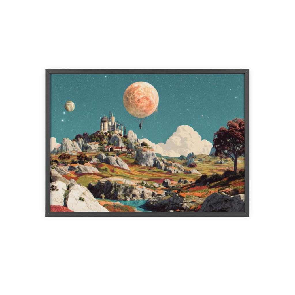Futuristische Traumlandschaft  | Surreale Sci-Fi Wanddeko mit Mond-Ballon, Traumwelt & Naturfarben, Wandposter
