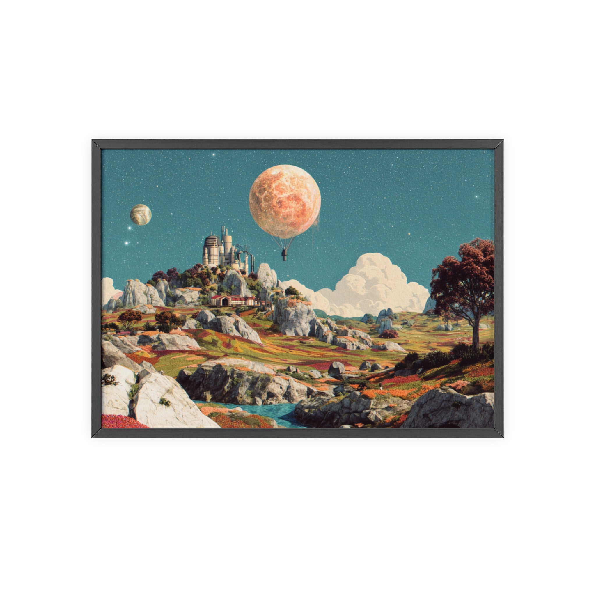 Futuristische Traumlandschaft  | Surreale Sci-Fi Wanddeko mit Mond-Ballon, Traumwelt & Naturfarben, Wandposter