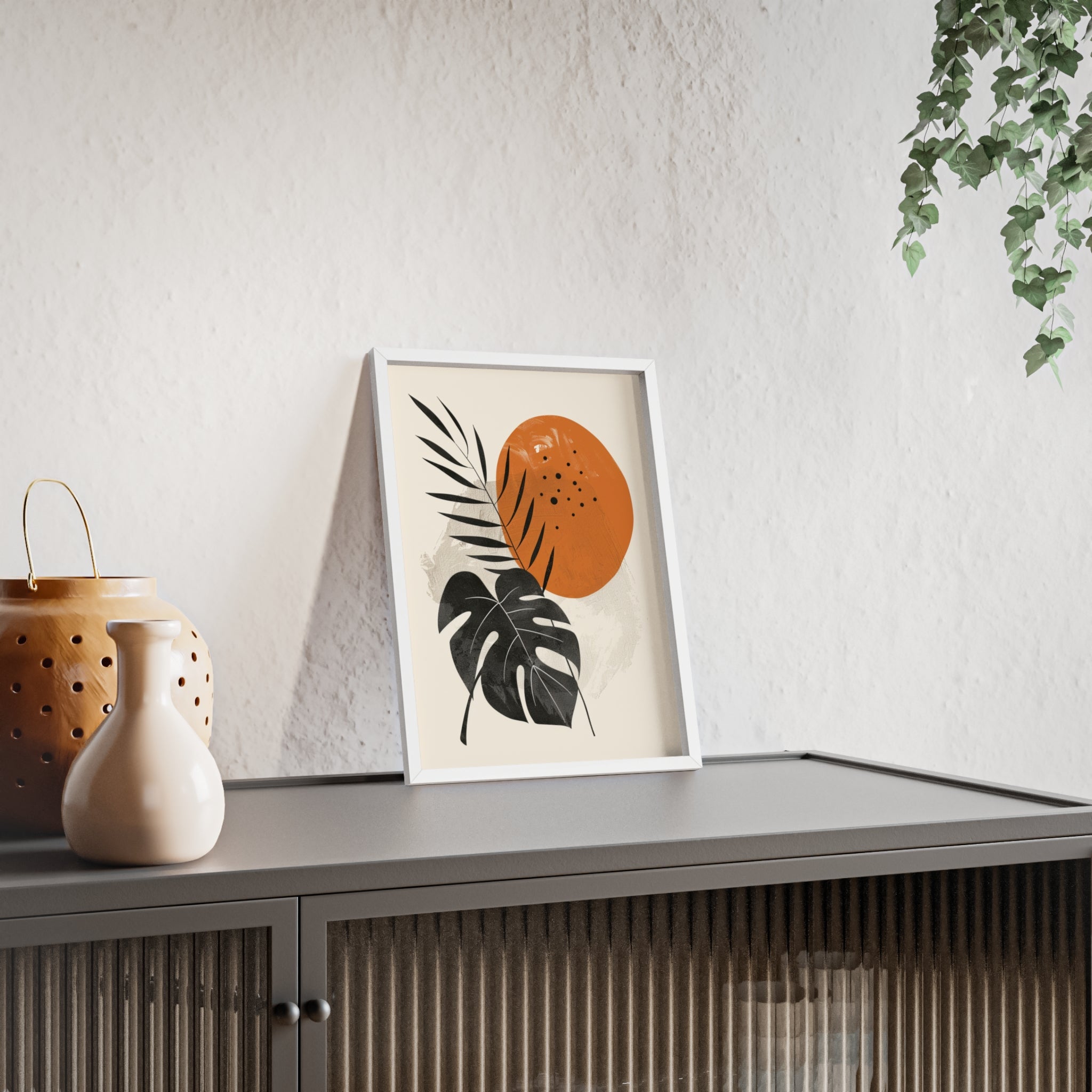 Modern Botanical Art Print with Wooden Frame, Tropical Wall Decor, Housewarming Gift, Minimalist Home Art, Nature-Inspired Design