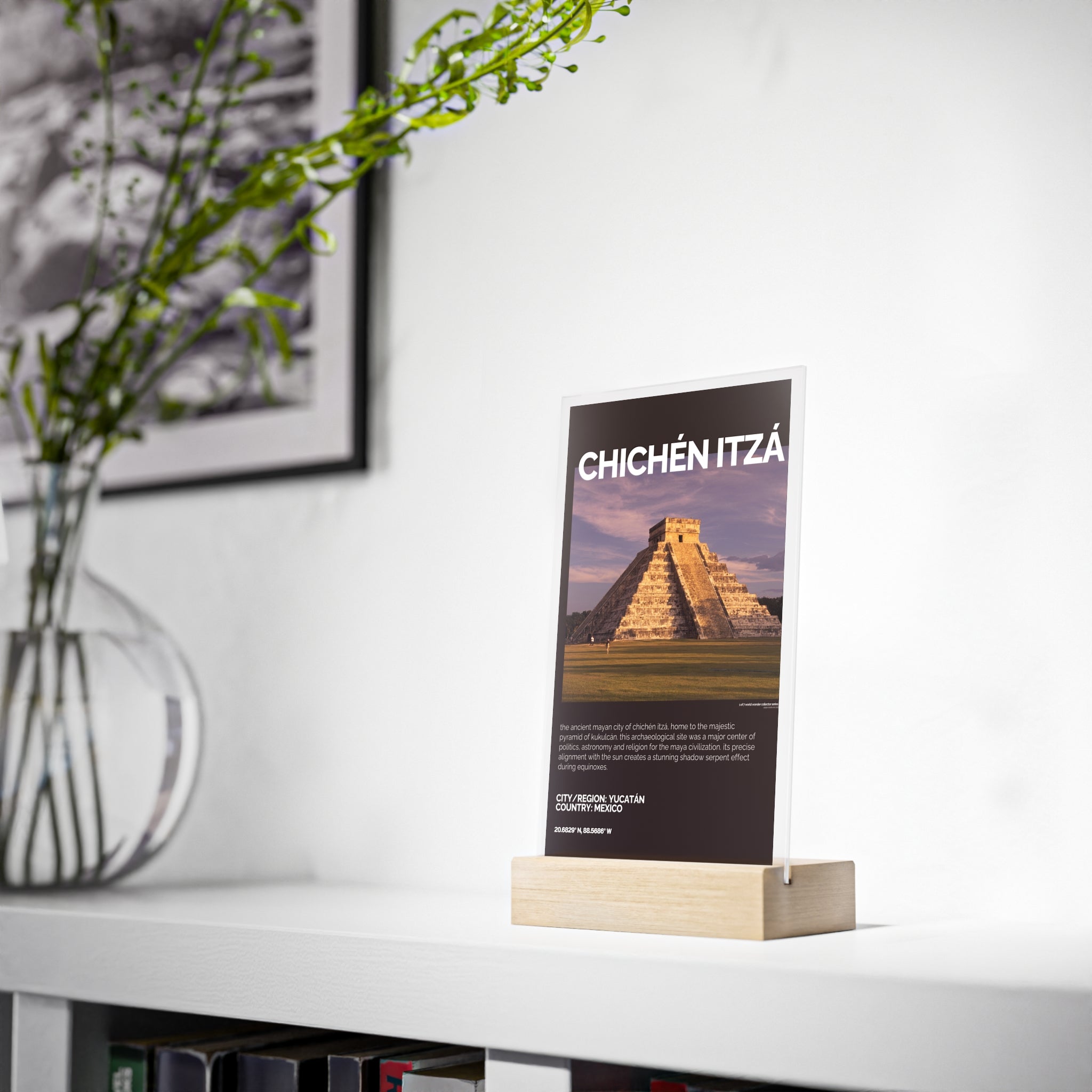 Chichén Itzá Acrylschild mit Holzständer | Sammlerstück & Geschenk - World Wonder Collector Series