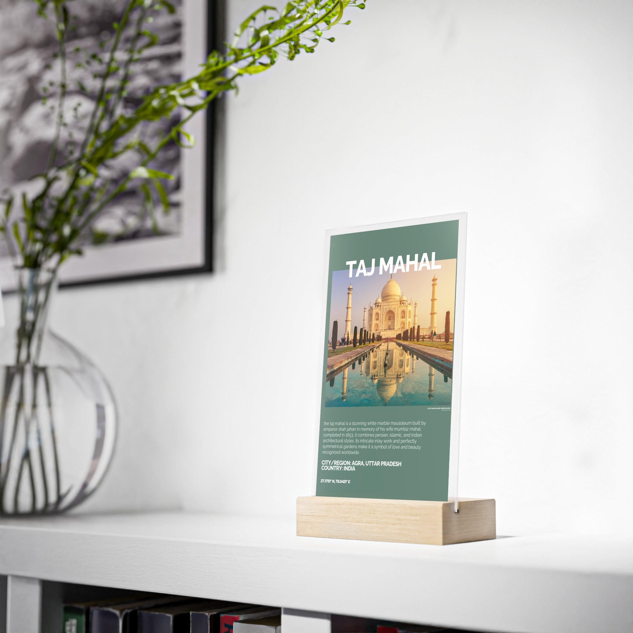 Taj Mahal Acrylschild mit Holzständer | Sammlerstück & Geschenk - World Wonder Collector Series