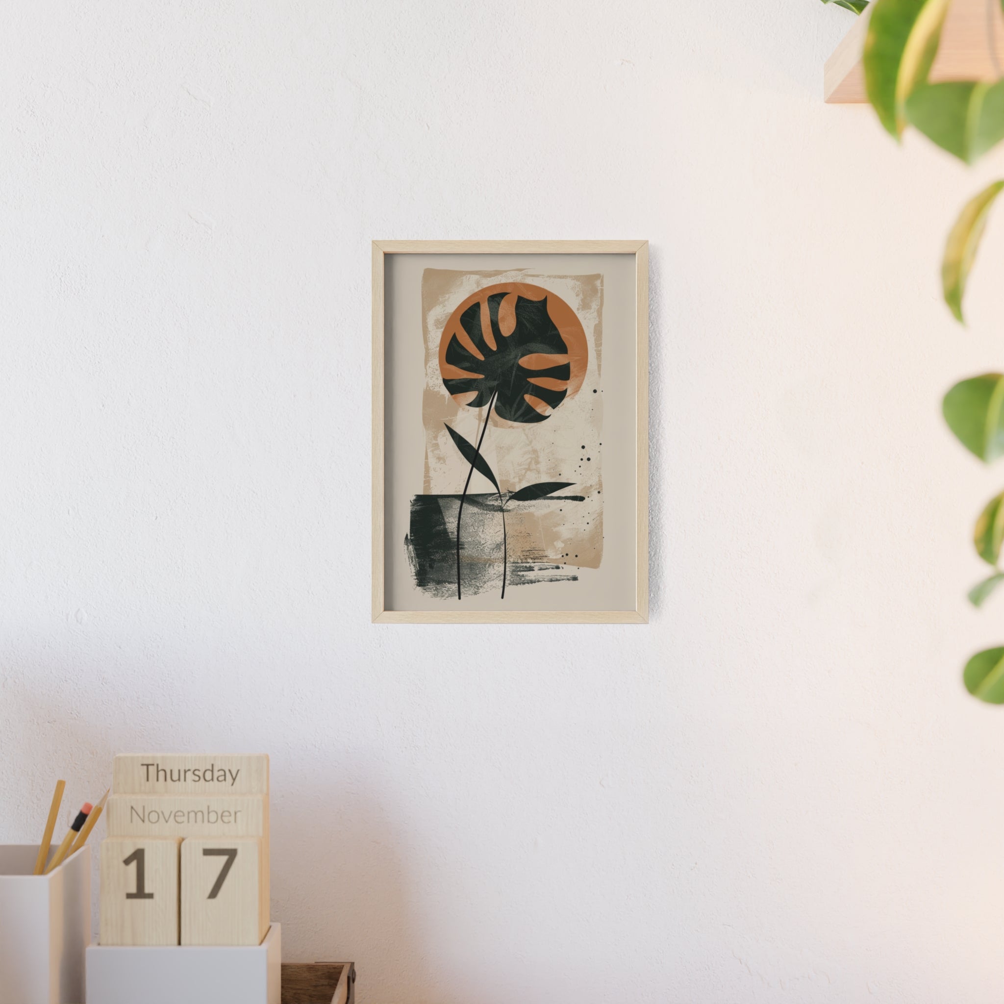 Modern Botanical Art Poster with Wooden Frame, Wall Decor, Minimalist Home Accent, Gift for Plant Lovers, Living Room Decor