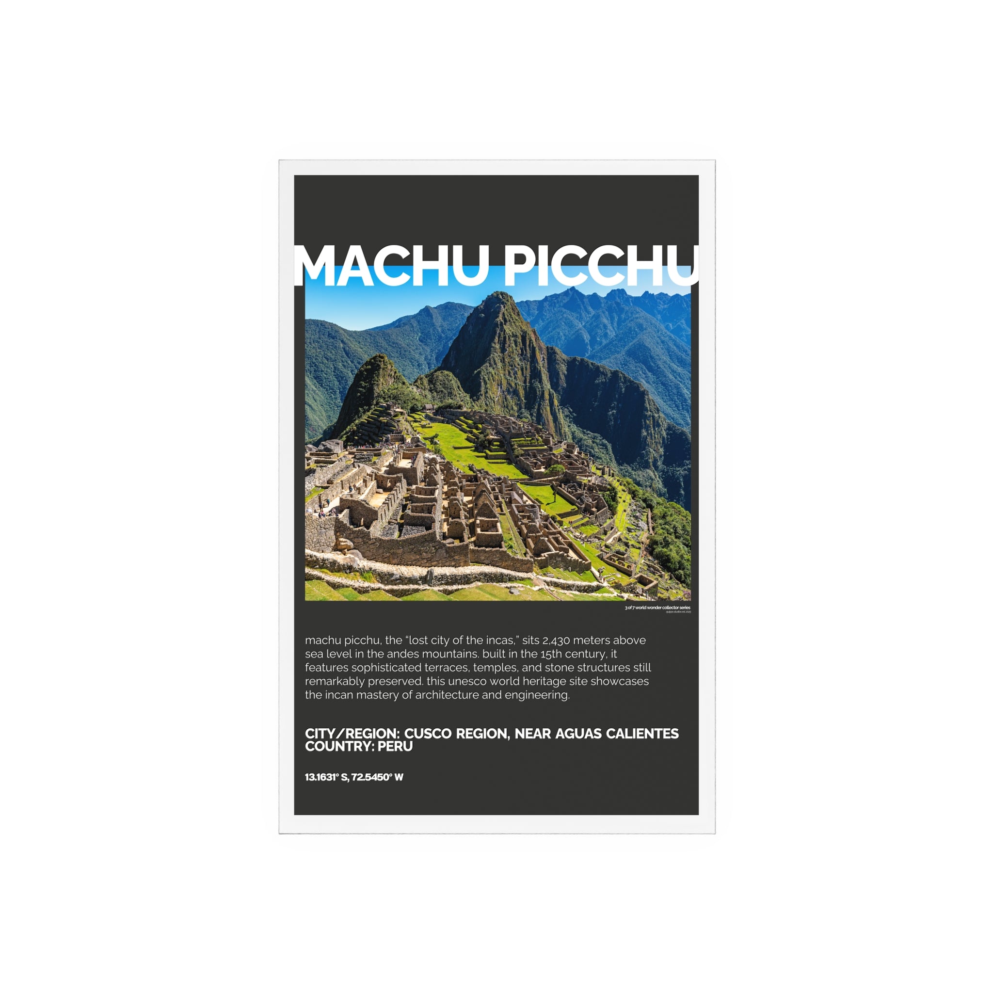 Machu Picchu Acrylschild mit Holzständer | Sammlerstück & Geschenk - World Wonder Collector Series