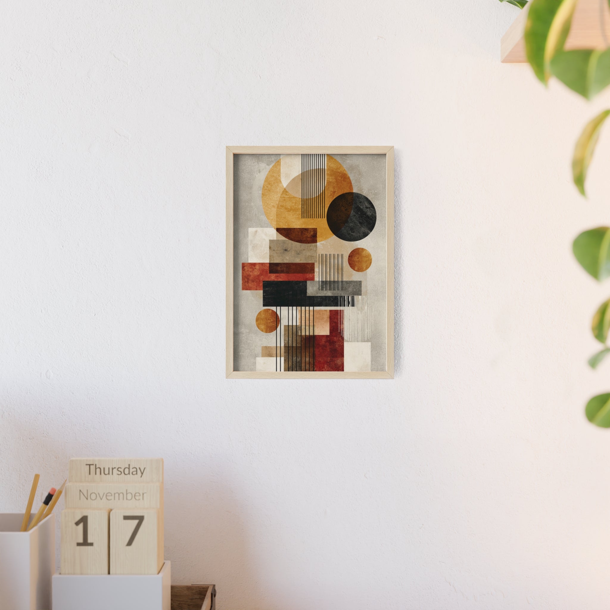 Boho Poster im Holzrahmen | Moderne Boho Wandkunst, Geometrische Wohnraumdeko, Geschenk für Kunstliebhaber, Abstraktes Design