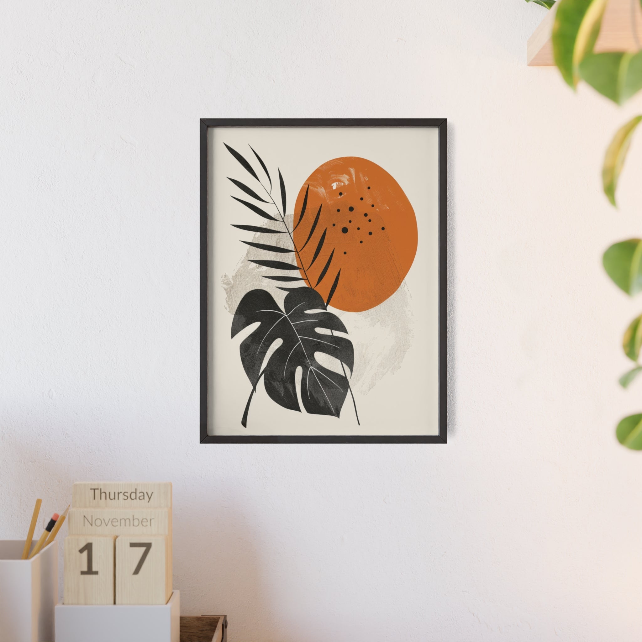 Modern Botanical Art Print with Wooden Frame, Tropical Wall Decor, Housewarming Gift, Minimalist Home Art, Nature-Inspired Design