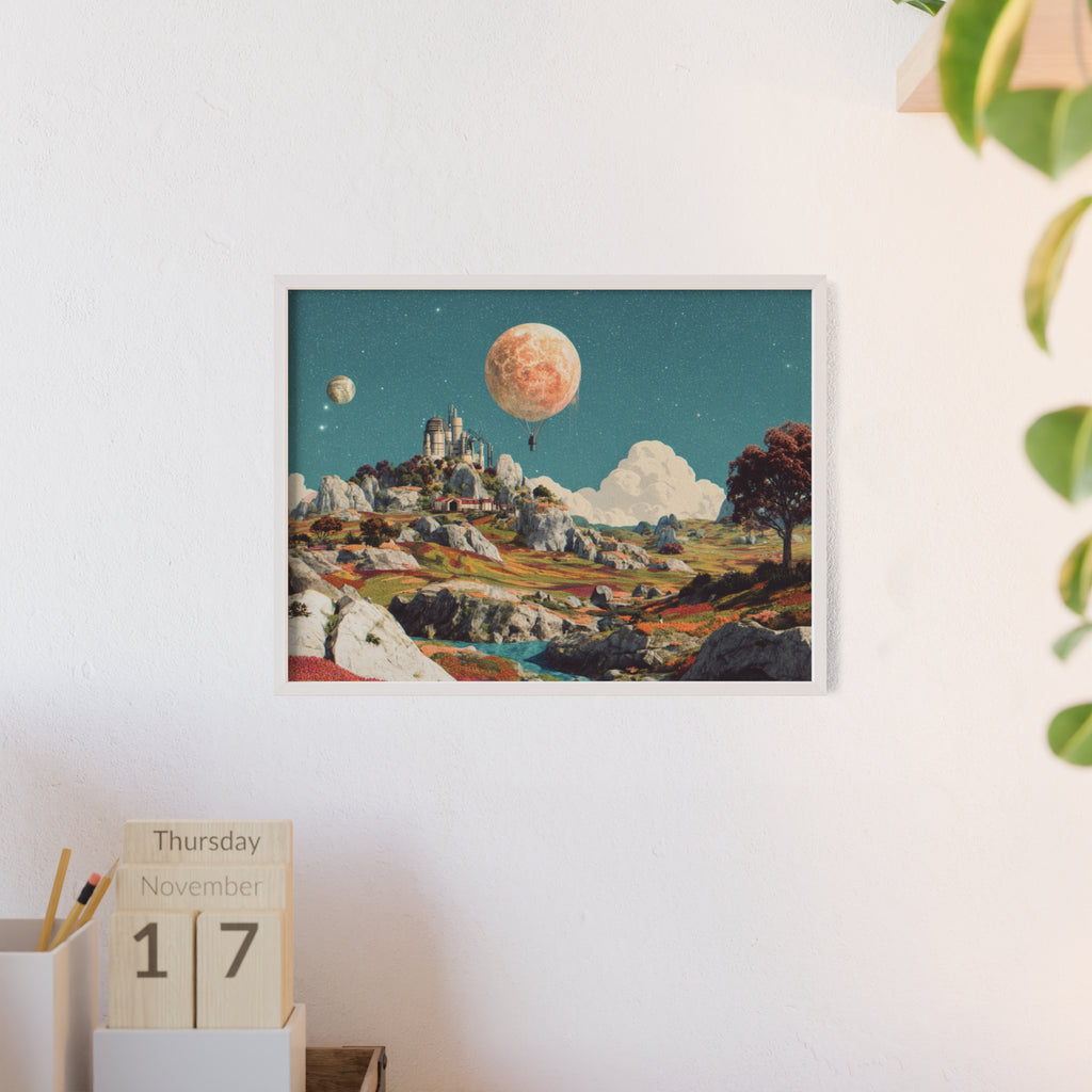 Futuristische Traumlandschaft  | Surreale Sci-Fi Wanddeko mit Mond-Ballon, Traumwelt & Naturfarben, Wandposter