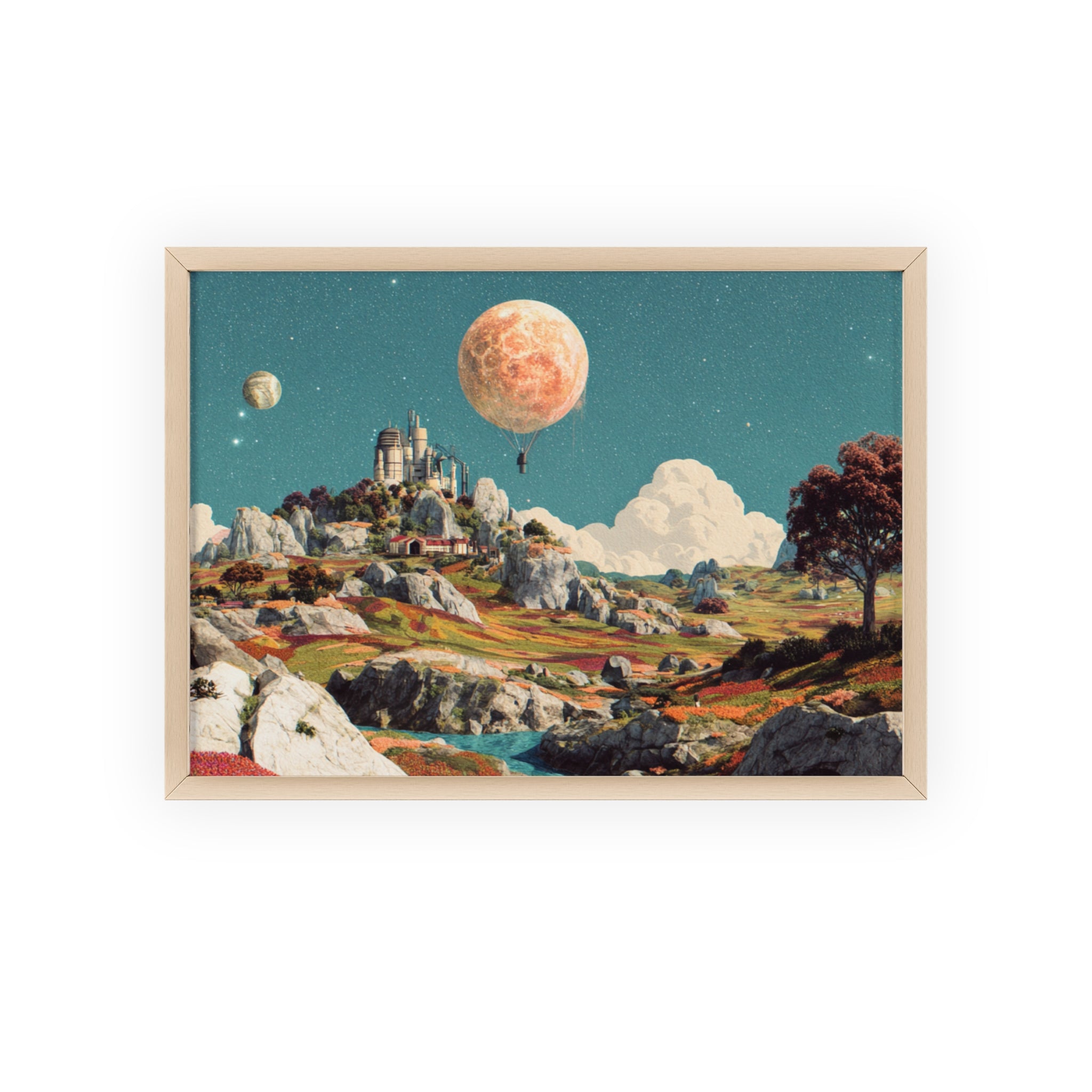 Futuristische Traumlandschaft  | Surreale Sci-Fi Wanddeko mit Mond-Ballon, Traumwelt & Naturfarben, Wandposter
