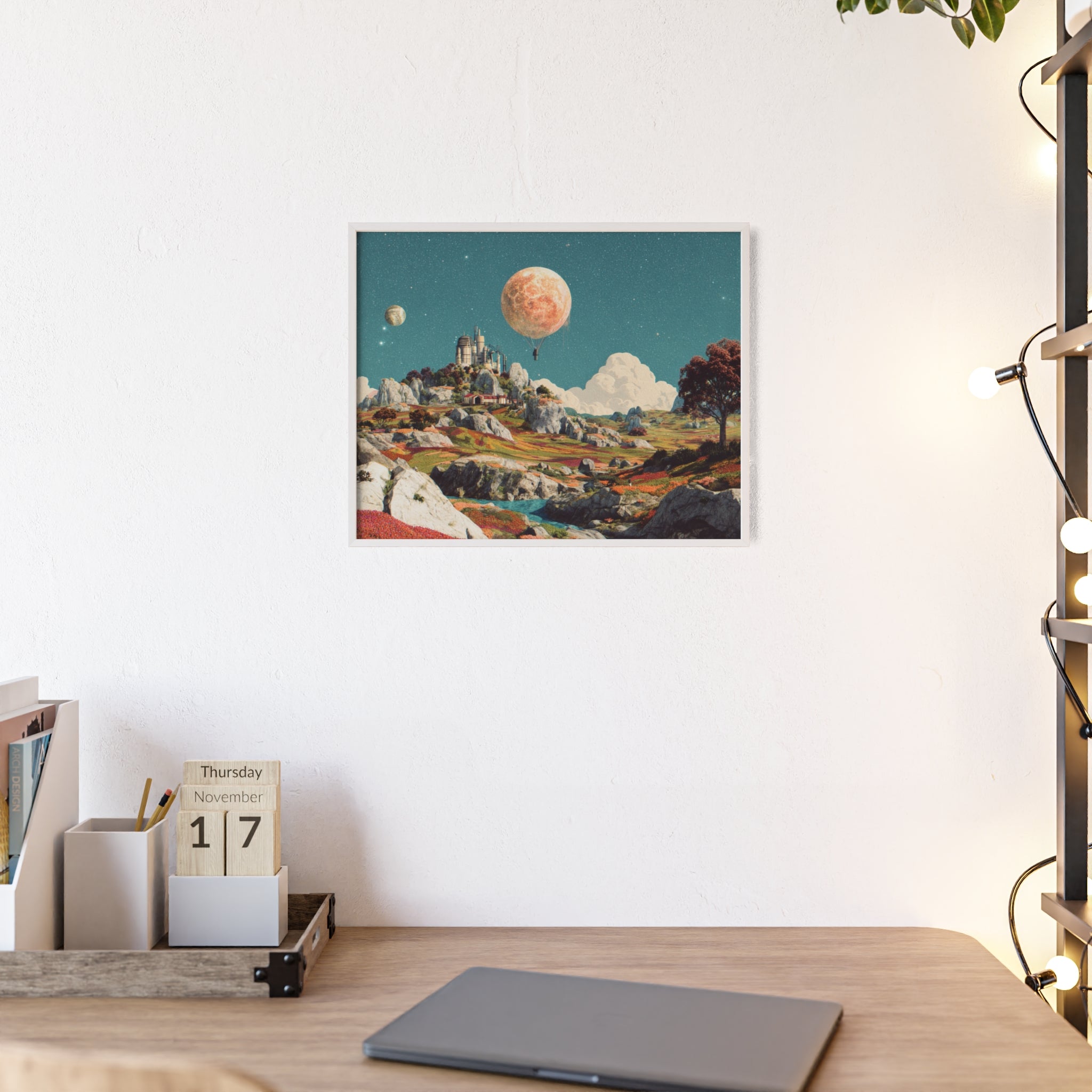 Futuristische Traumlandschaft  | Surreale Sci-Fi Wanddeko mit Mond-Ballon, Traumwelt & Naturfarben, Wandposter