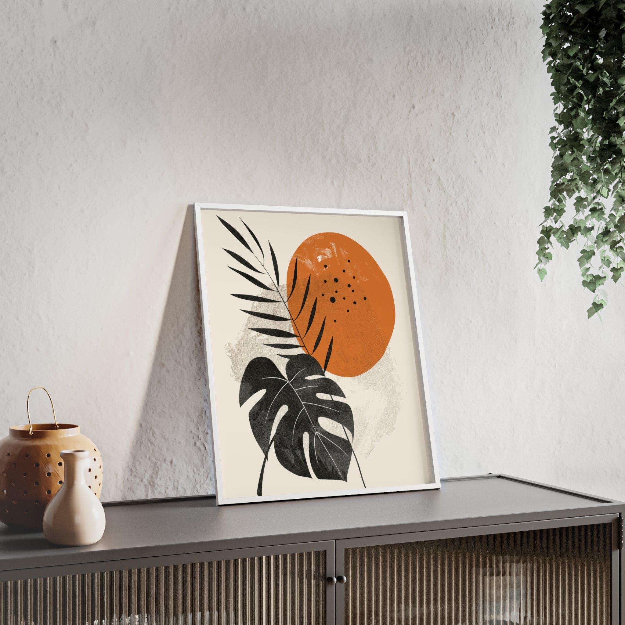 Modern Botanical Art Print with Wooden Frame, Tropical Wall Decor, Housewarming Gift, Minimalist Home Art, Nature-Inspired Design