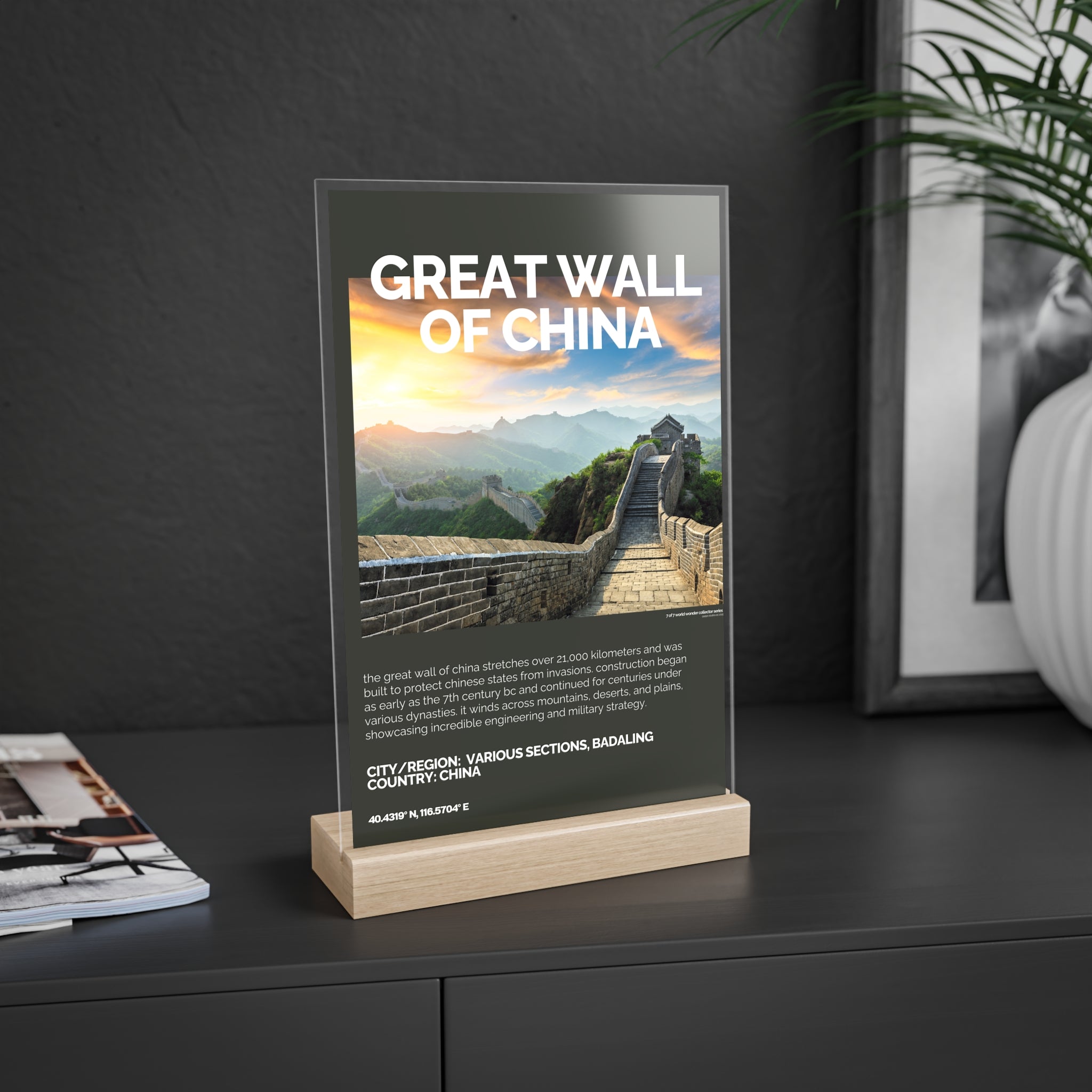 Große Mauer von China Acrylschild mit Holzständer | Sammlerstück & Geschenk - World Wonder Collector Series