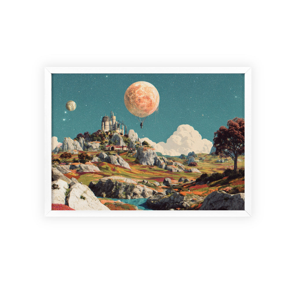 Futuristische Traumlandschaft  | Surreale Sci-Fi Wanddeko mit Mond-Ballon, Traumwelt & Naturfarben, Wandposter