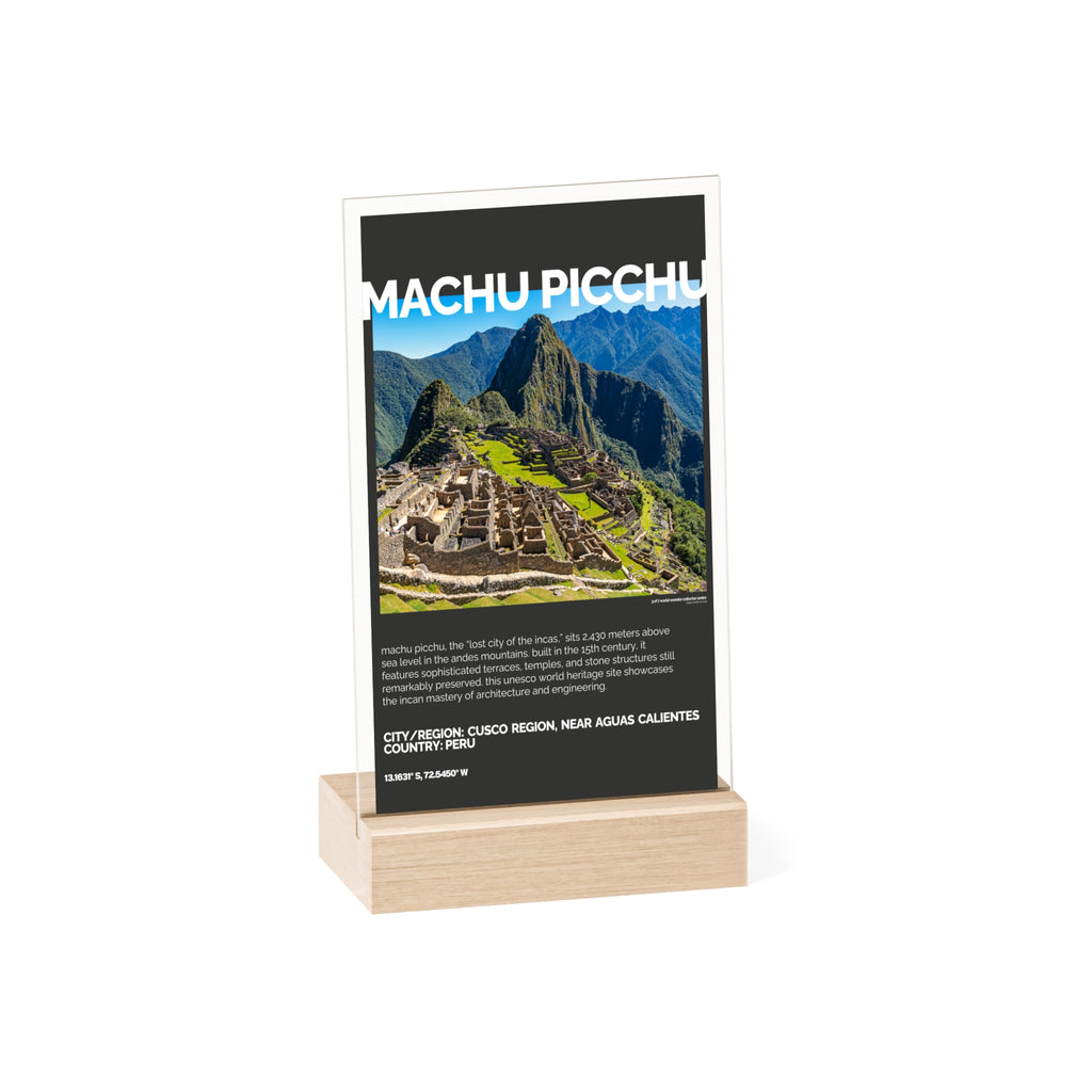 Machu Picchu Acrylschild mit Holzständer | Sammlerstück & Geschenk - World Wonder Collector Series