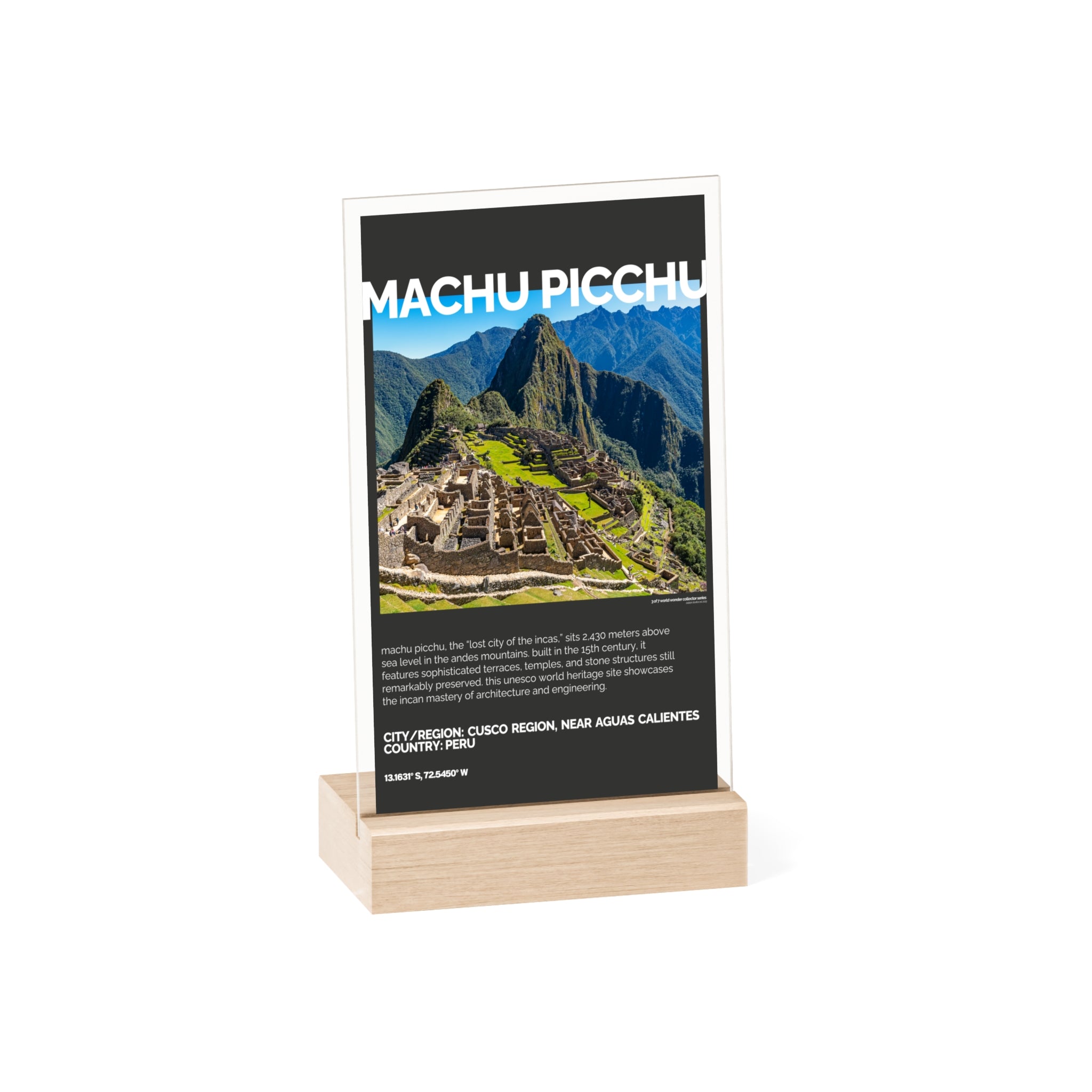 Machu Picchu Acrylschild mit Holzständer | Sammlerstück & Geschenk - World Wonder Collector Series