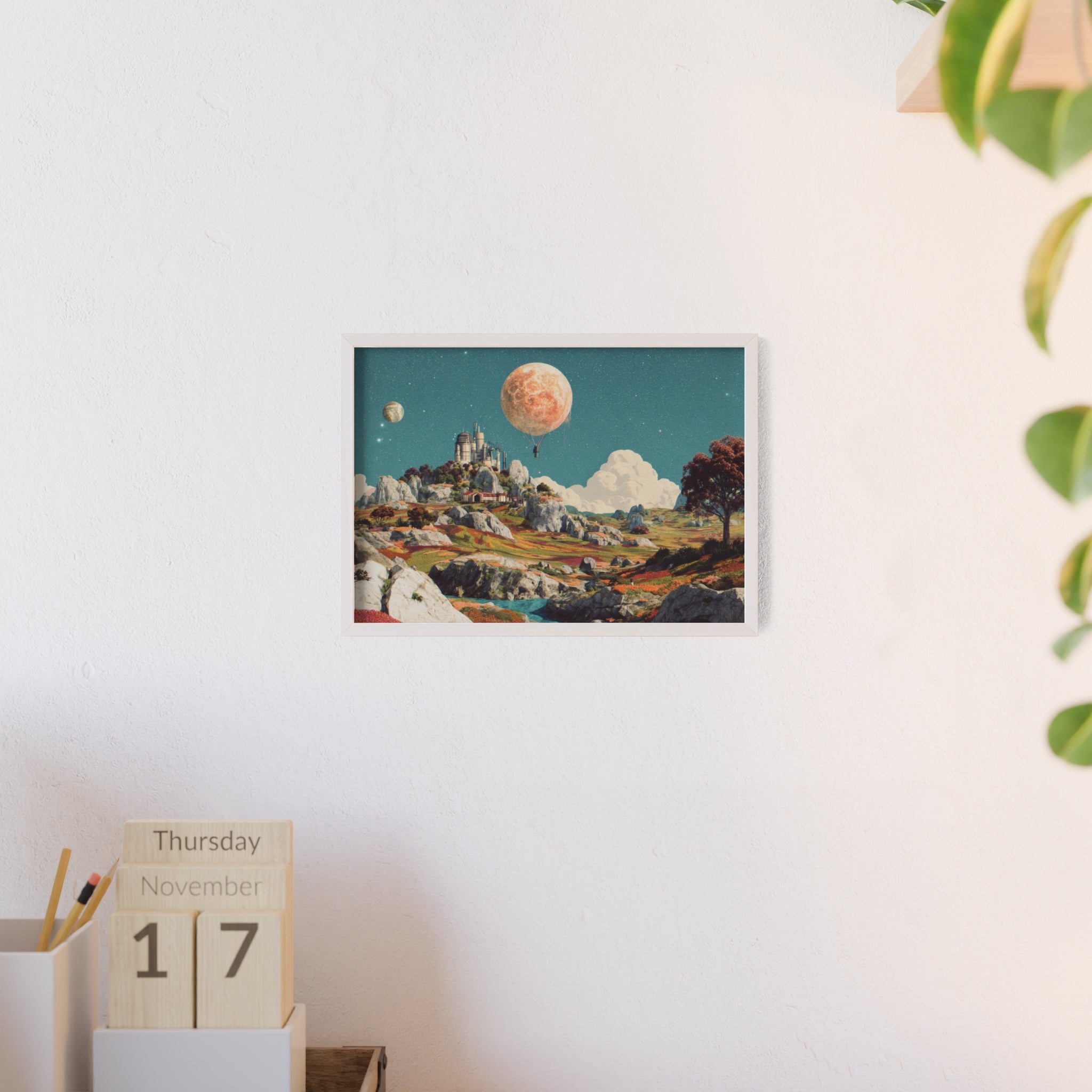 Futuristische Traumlandschaft  | Surreale Sci-Fi Wanddeko mit Mond-Ballon, Traumwelt & Naturfarben, Wandposter