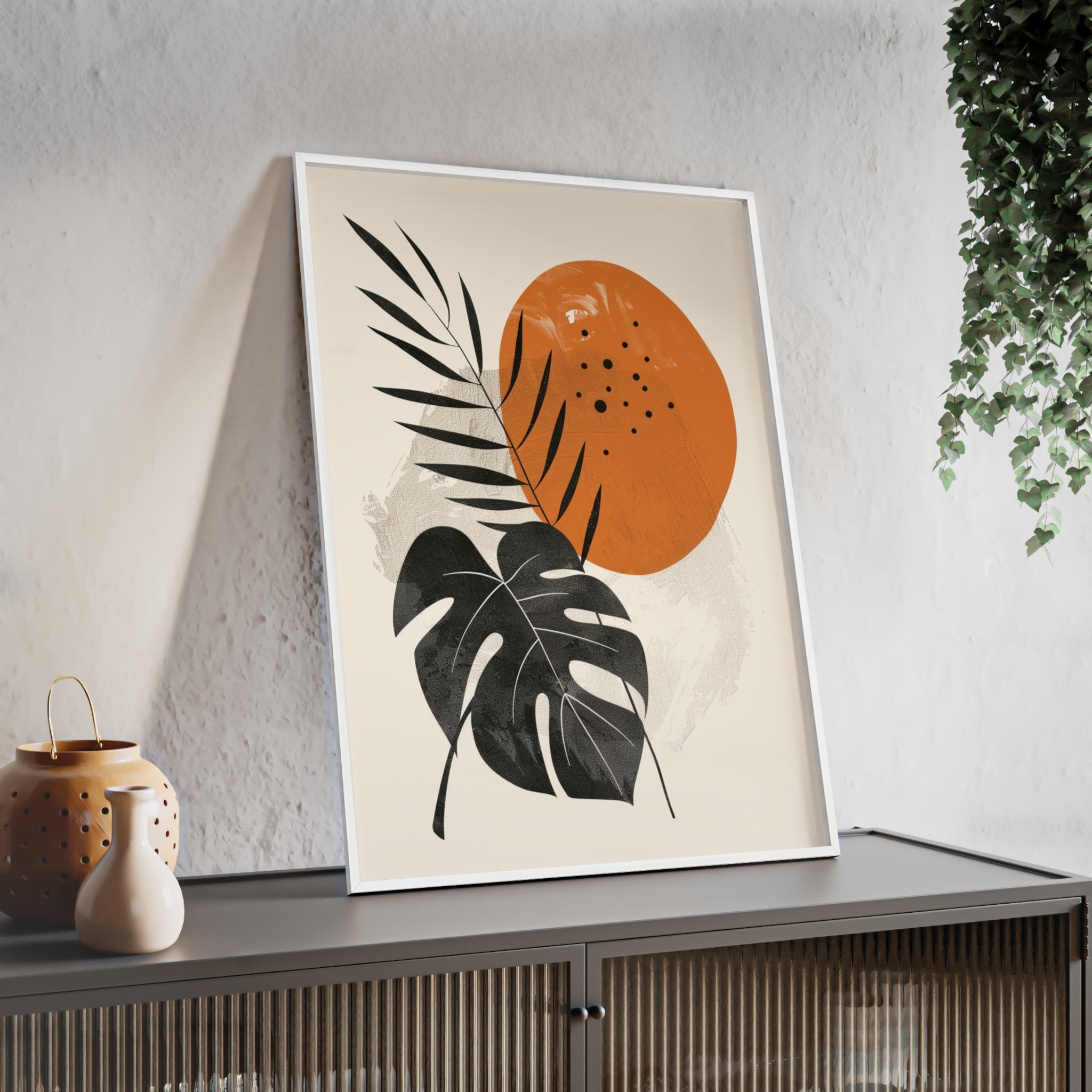 Modern Botanical Art Print with Wooden Frame, Tropical Wall Decor, Housewarming Gift, Minimalist Home Art, Nature-Inspired Design