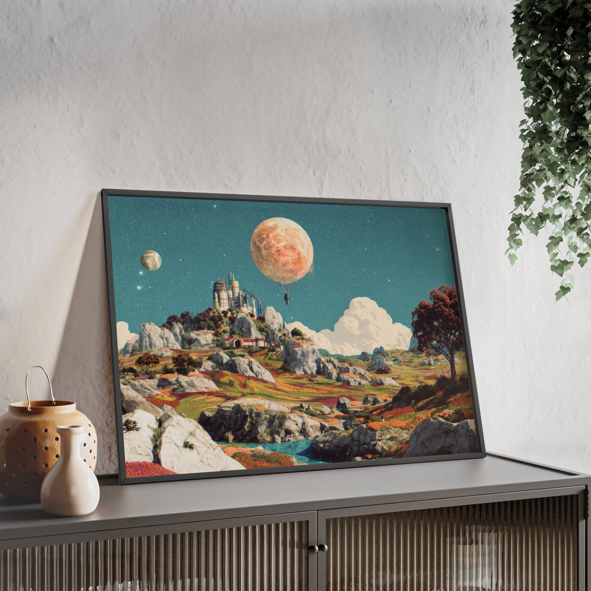 Futuristische Traumlandschaft  | Surreale Sci-Fi Wanddeko mit Mond-Ballon, Traumwelt & Naturfarben, Wandposter
