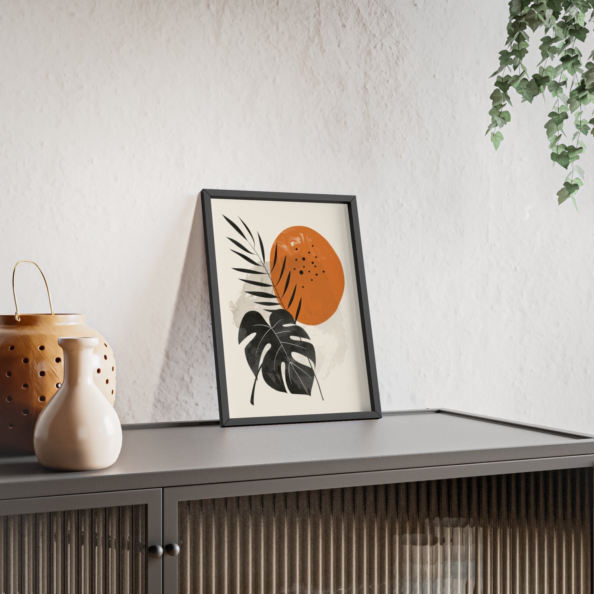Modern Botanical Art Print with Wooden Frame, Tropical Wall Decor, Housewarming Gift, Minimalist Home Art, Nature-Inspired Design