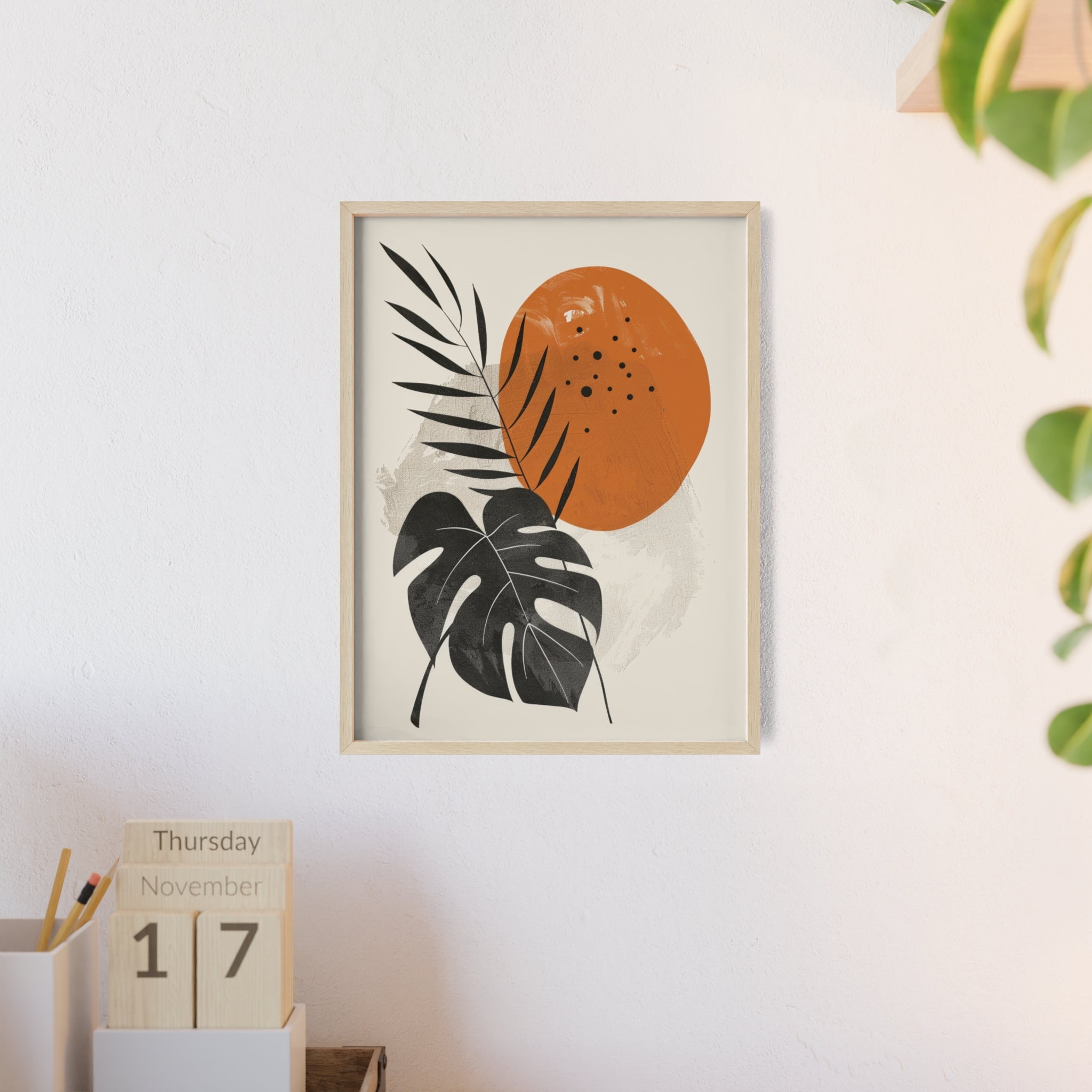 Modern Botanical Art Print with Wooden Frame, Tropical Wall Decor, Housewarming Gift, Minimalist Home Art, Nature-Inspired Design