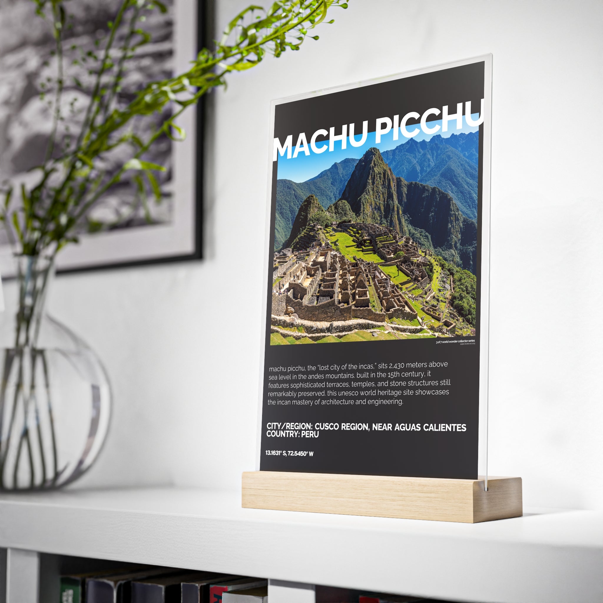Machu Picchu Acrylschild mit Holzständer | Sammlerstück & Geschenk - World Wonder Collector Series