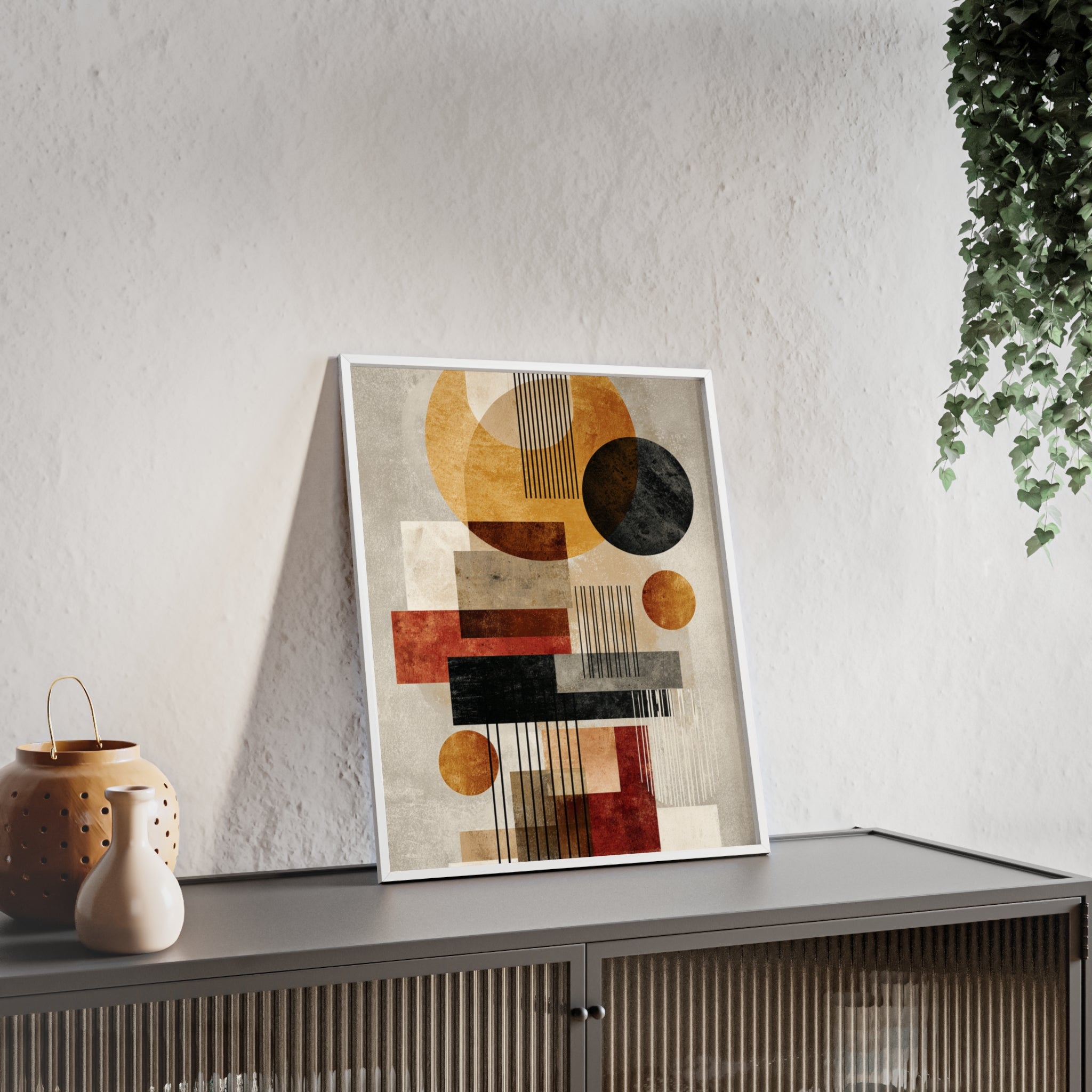 Boho Poster im Holzrahmen | Moderne Boho Wandkunst, Geometrische Wohnraumdeko, Geschenk für Kunstliebhaber, Abstraktes Design