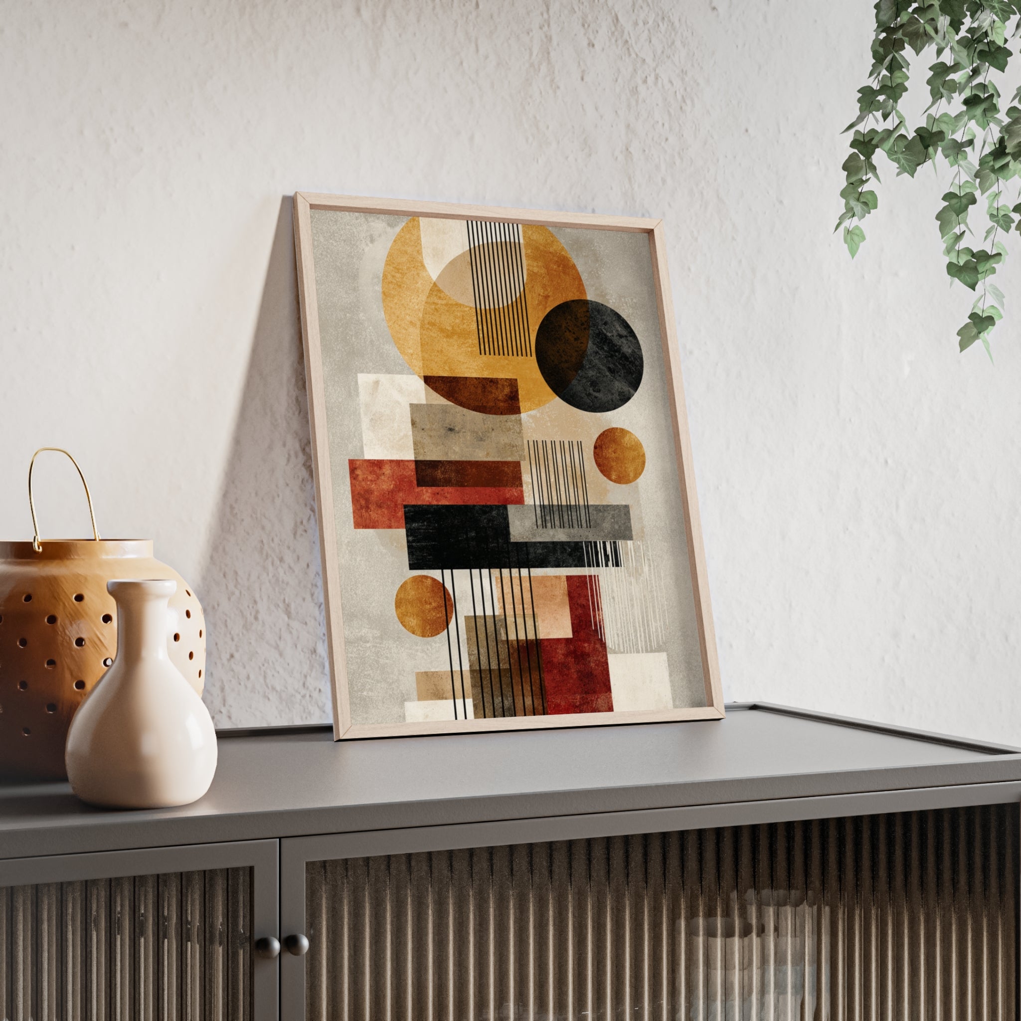 Boho Poster im Holzrahmen | Moderne Boho Wandkunst, Geometrische Wohnraumdeko, Geschenk für Kunstliebhaber, Abstraktes Design