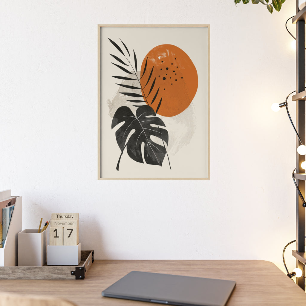 Modern Botanical Art Print with Wooden Frame, Tropical Wall Decor, Housewarming Gift, Minimalist Home Art, Nature-Inspired Design