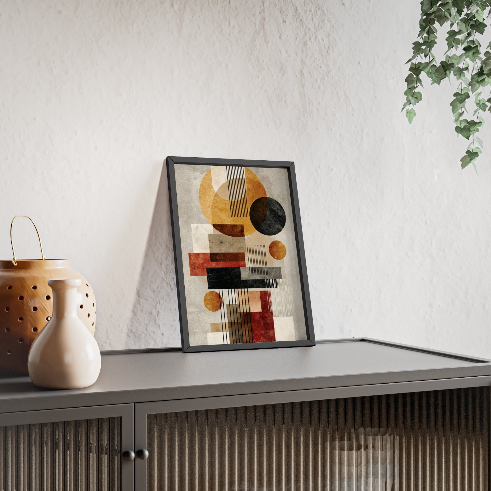 Boho Poster im Holzrahmen | Moderne Boho Wandkunst, Geometrische Wohnraumdeko, Geschenk für Kunstliebhaber, Abstraktes Design