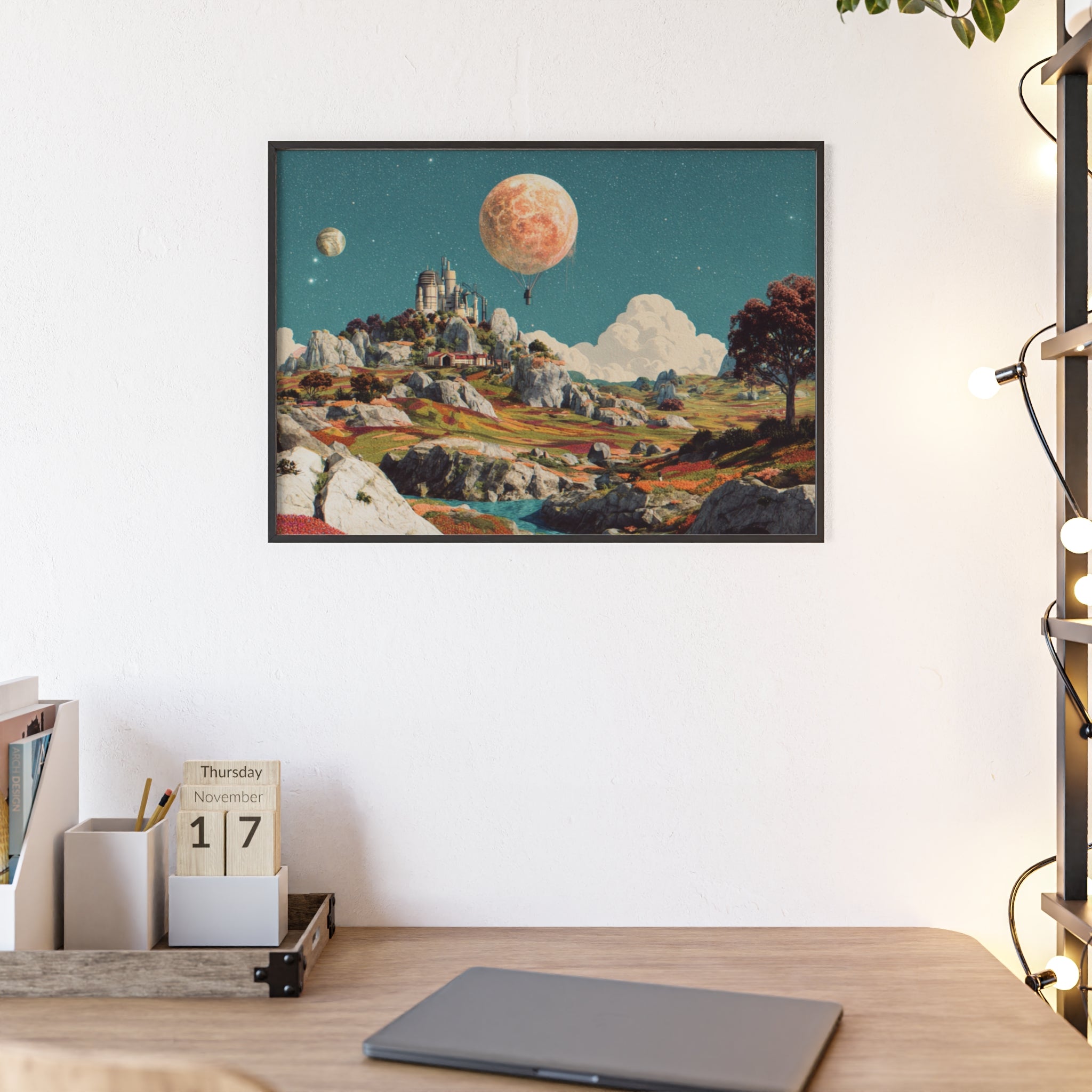 Futuristische Traumlandschaft  | Surreale Sci-Fi Wanddeko mit Mond-Ballon, Traumwelt & Naturfarben, Wandposter