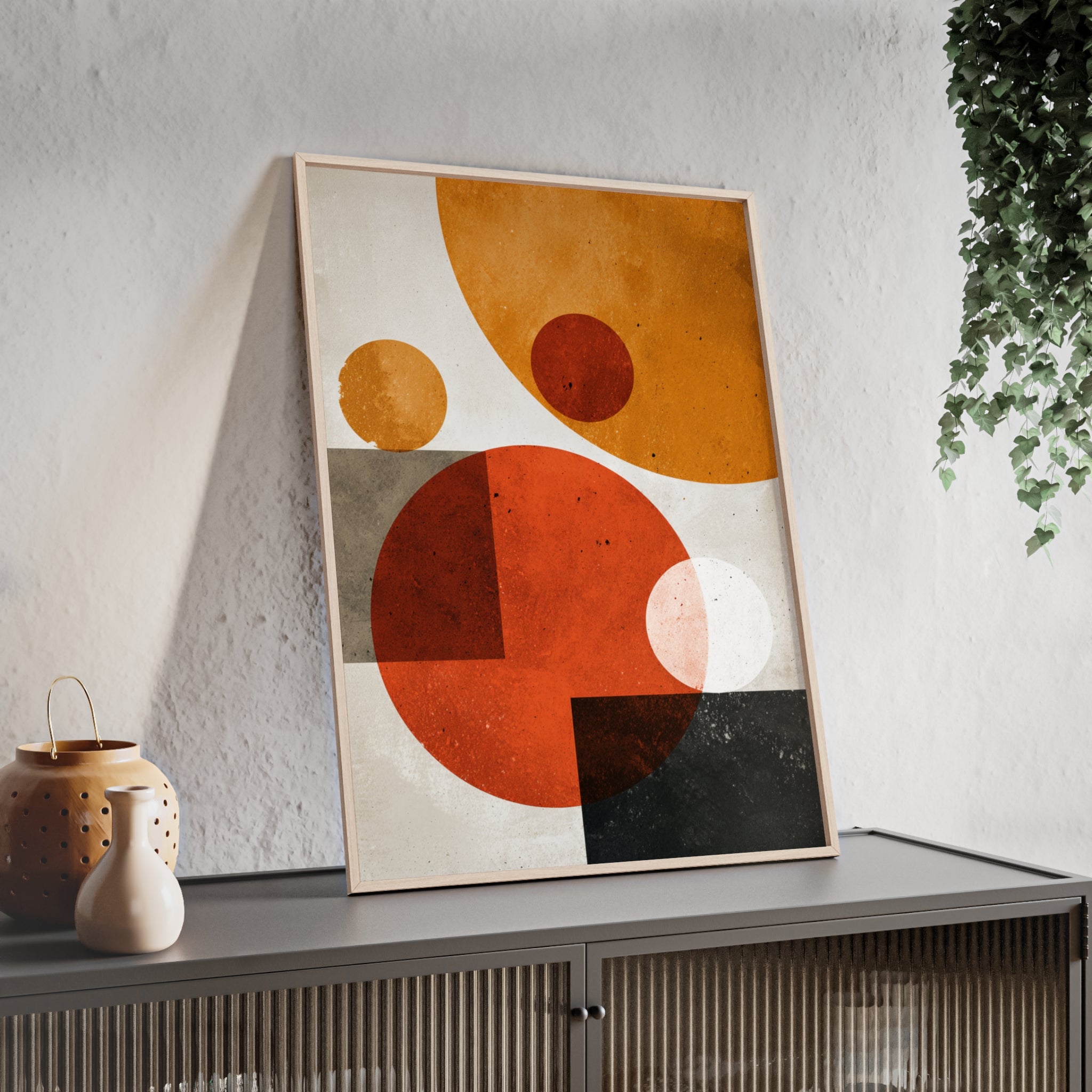 Abstraktes Geometrisches Kunstposter im Holzrahmen | Moderne Wanddeko, Minimalistisches Wohnzimmer & Büro, Boho Wandkunst