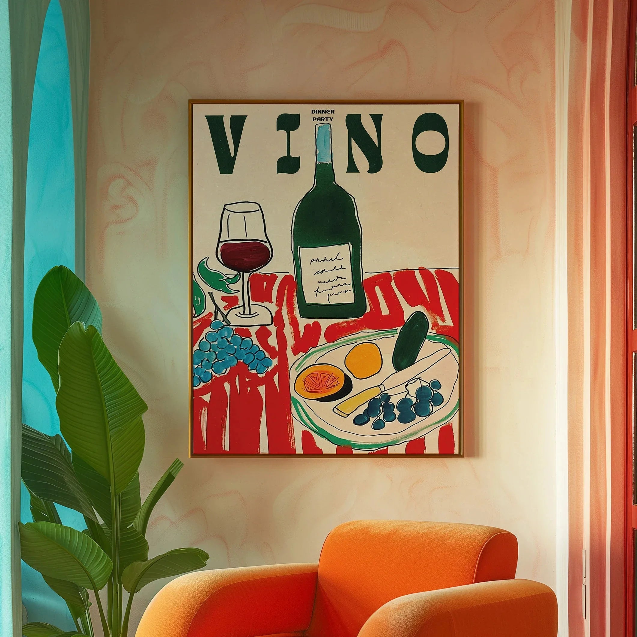 Amore Green Striped – Leinwandbild mit Vino, Wine Glass & Chili