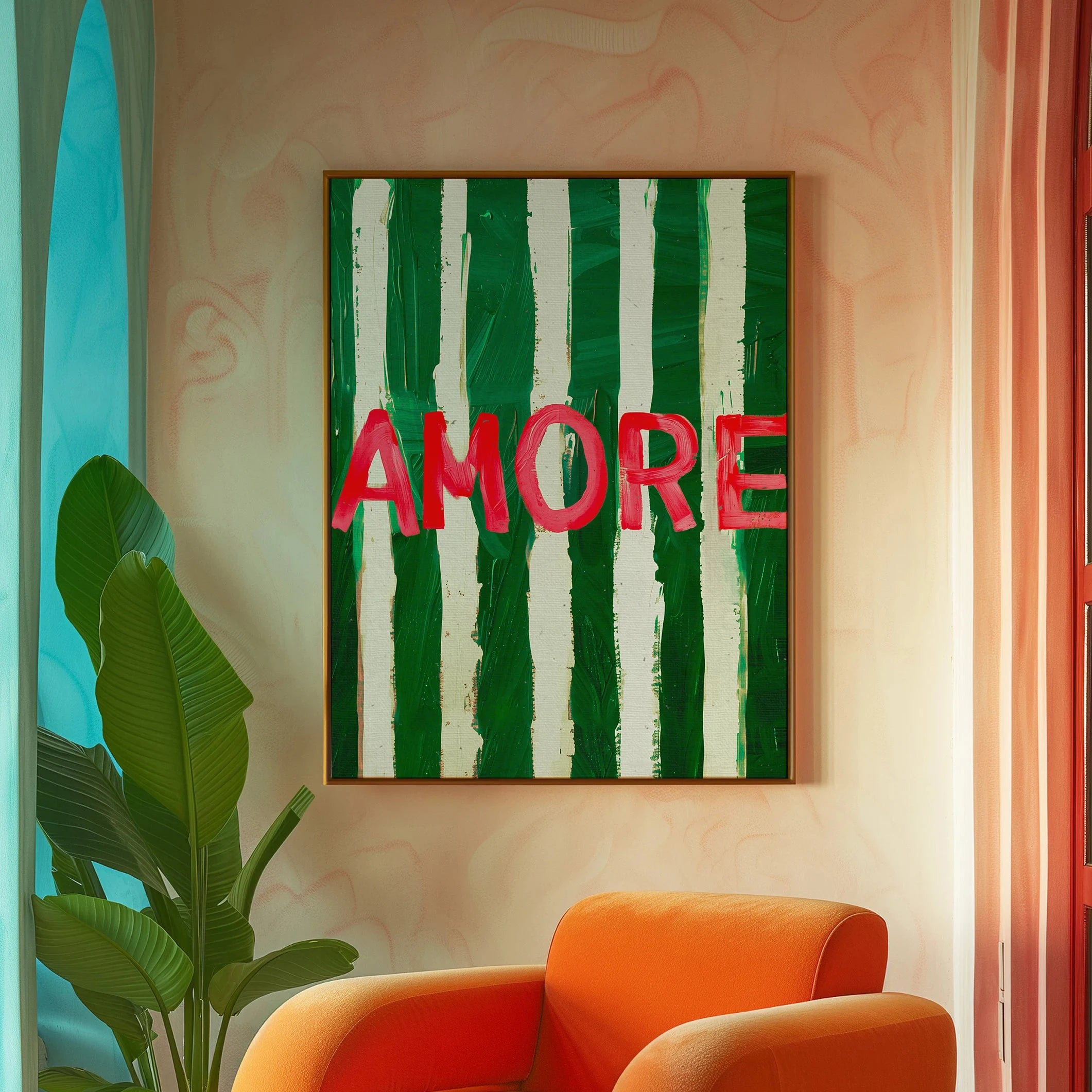 Amore Green Striped – Leinwandbild mit Vino, Wine Glass & Chili