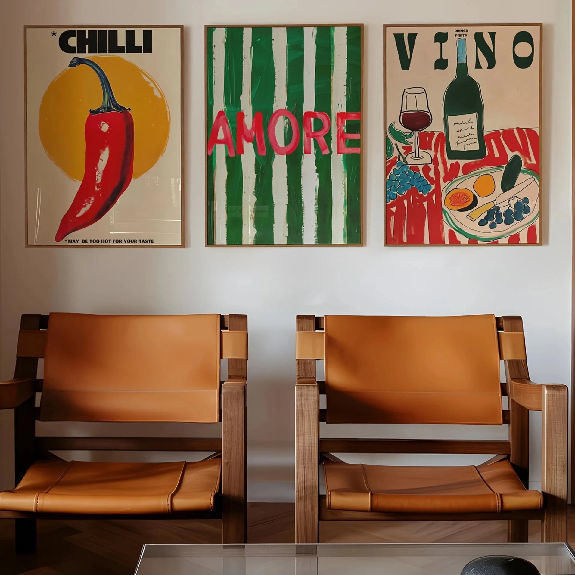 Amore Green Striped – Leinwandbild mit Vino, Wine Glass & Chili