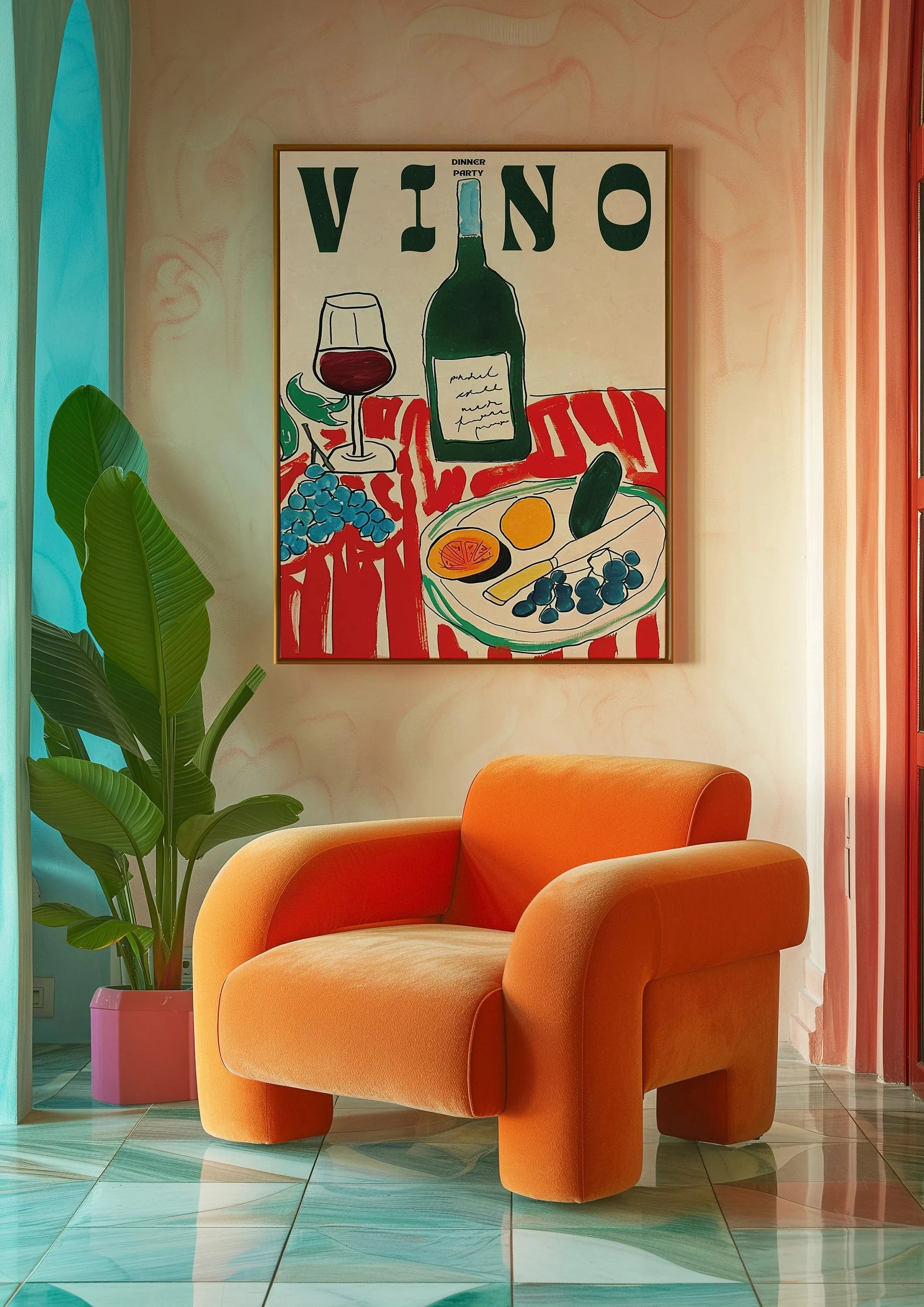 Amore Green Striped – Leinwandbild mit Vino, Wine Glass & Chili