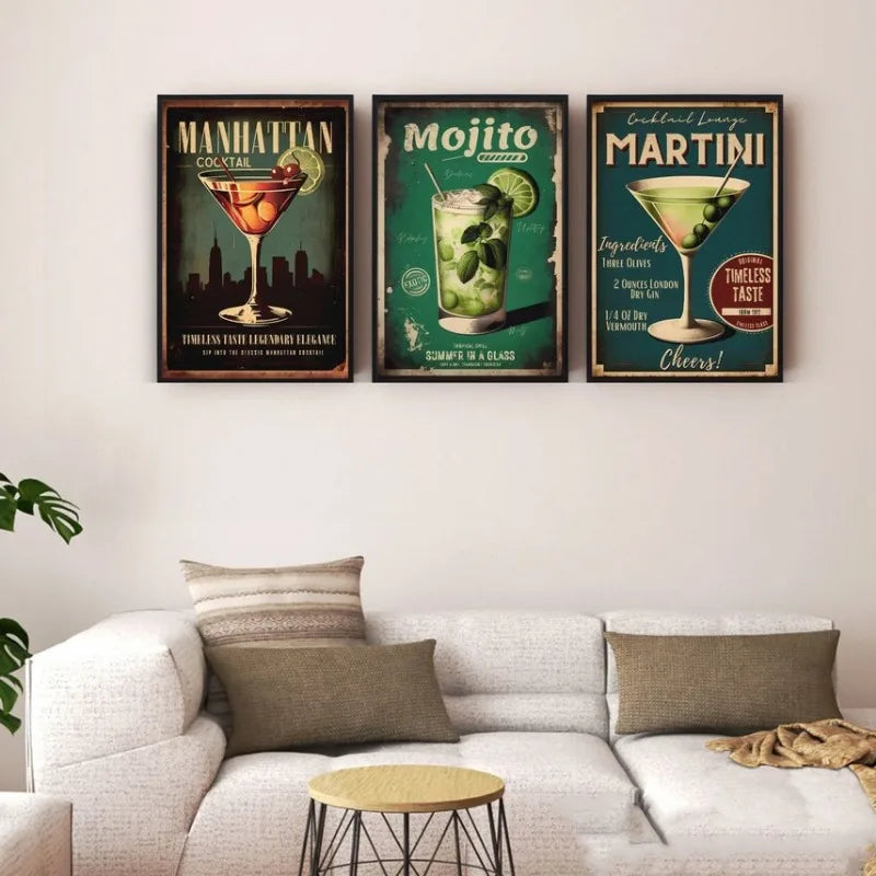 Retro Cocktail Poster – Martini, Bier & Whiskey Leinwandbild für Bar & Zuhause